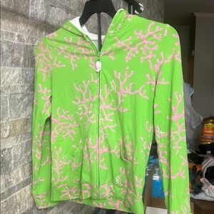 Lilly Pulitzer Green Zip-Up Hoodie with Pink Coral Print xs